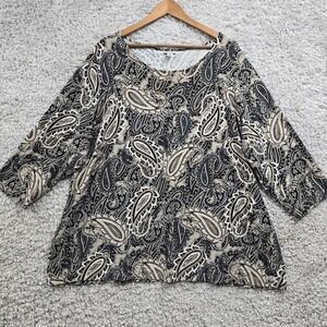 Croft & Barrow Top Womens 2X Black Tan Paisley‎ Pullover 3/4 Sleeve Knit Boho